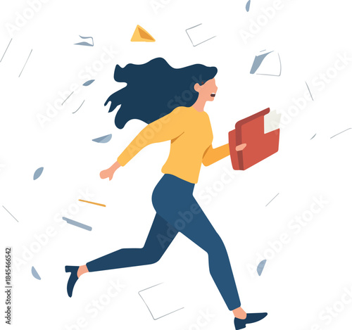 Stressed businesswoman running late with flying paperwork chaotic office deadlines urgent task management concept flat illustration isolated on white