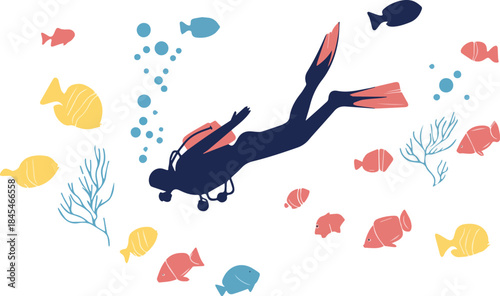 Scuba Diver Swimming Underwater with Colorful Stylized Fish Coral and Air Bubbles Isolated on White Background Ocean Adventure Concept
