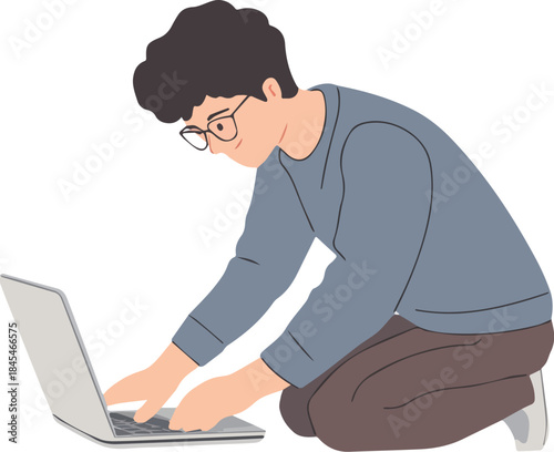 Young man wearing glasses kneeling and typing on a laptop computer illustration for remote work studying or coding concept