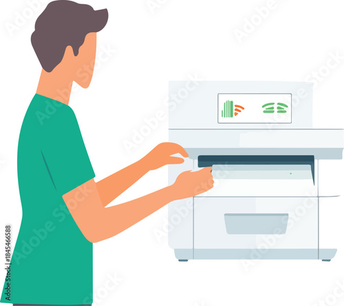 Man loading paper into wireless office printer with connectivity signal on screen flat vector illustration