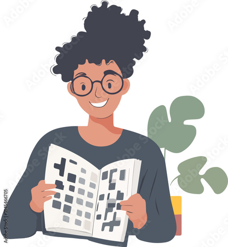 Smiling young woman with afro hair and glasses doing a crossword puzzle in a book next to a potted plant relaxed hobby activity illustration