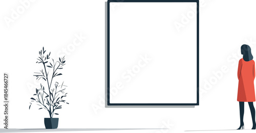 Woman looking at empty picture frame mockup next to potted plant interior wall copy space design background