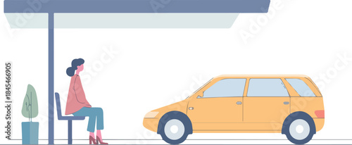 Woman waiting at bus stop shelter beside yellow station wagon car flat illustration transportation concept