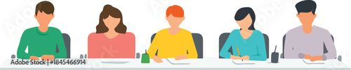 Diverse group of five students sitting at a table taking notes in a classroom meeting or training session illustration