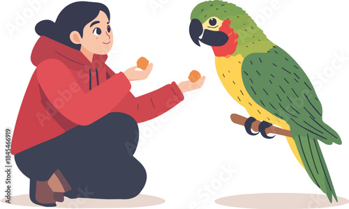Woman feeding small orange fruit pieces to a green and yellow parrot illustration pet care concept isolated on white background