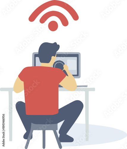 Man working remotely at desk with laptop and strong wifi signal icon for online connection and internet access