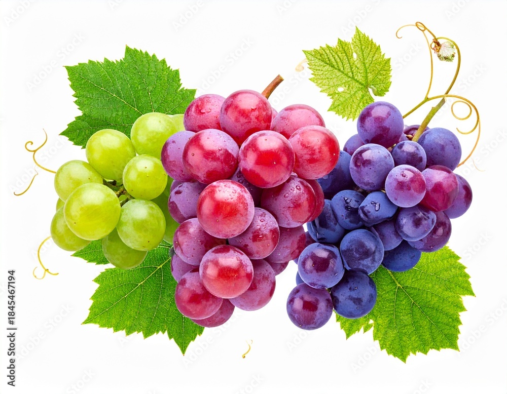 Fototapeta premium Wine Grape Clusters with Leaves & Sprouts Decorative Vineyard Fruit Isolated on Whit