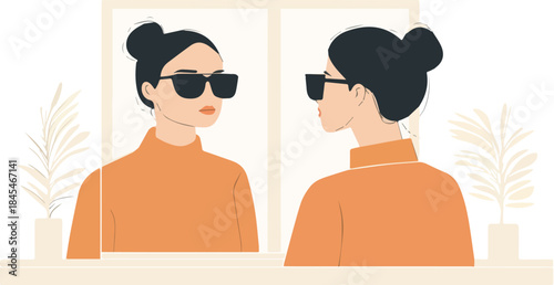 Woman looking at her reflection wearing sunglasses in a minimalist modern mirror self-acceptance concept
