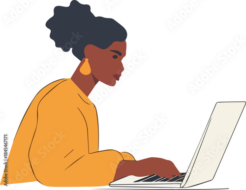 Focused Black Woman Working Remotely Typing on Laptop Computer Flat Illustration for Remote Work Business Technology Concept