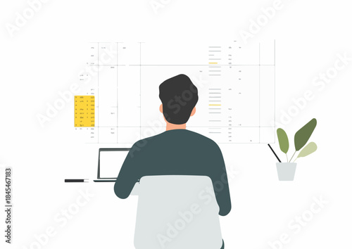 Businessman viewing abstract data analytics chart on screen laptop working remotely with houseplant minimalism design
