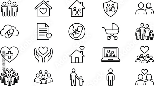 Family, home and care outline icons set showing parents, children, love, protection and support concepts, clean vector collection for social and healthcare design