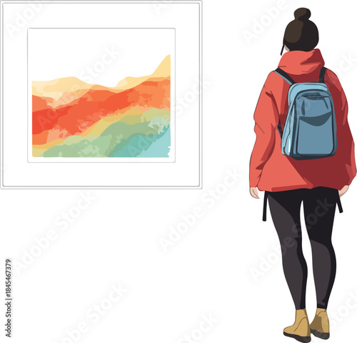 Backpacker Woman Viewing Abstract Landscape Art Print in Gallery Travel Art Appreciation Minimalist Illustration on White