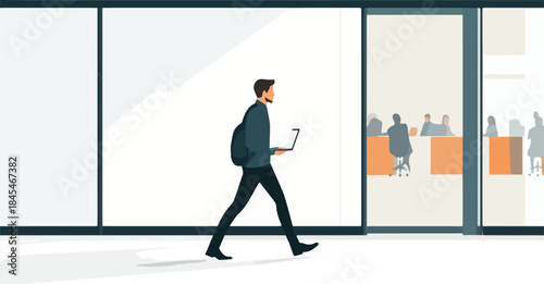 Businessman walking with laptop through modern office hallway past conference meeting silhouettes professional career concept