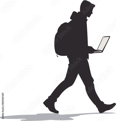 Student silhouette walking with backpack using laptop computer on white background remote learning travel technology concept