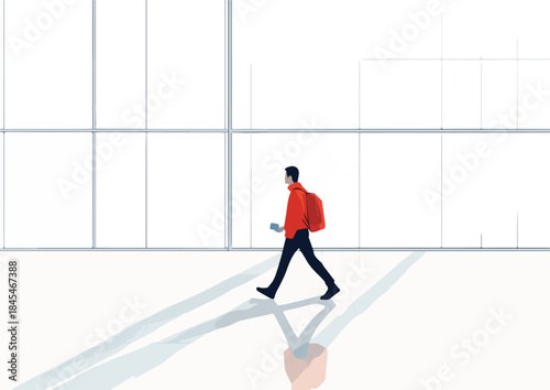 Young male student with red backpack walking inside modern building holding mobile phone casting long shadow concept for travel or education background