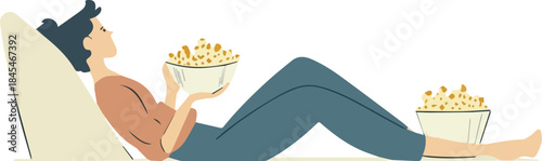Man relaxing comfortably watching something while eating large bowls of popcorn illustration vector flat design