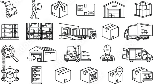 Logistics and warehouse outline icons set including delivery, shipping, storage and packaging symbols, clean vector collection for supply chain and transportation design