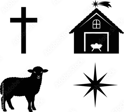 Black silhouette icons representing christian faith including the cross nativity manger lamb and star of bethlehem