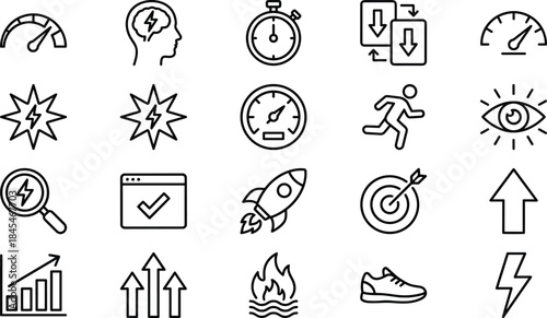 Performance and productivity outline icons set including speed, growth, efficiency, energy, target, startup, progress and motivation symbols
