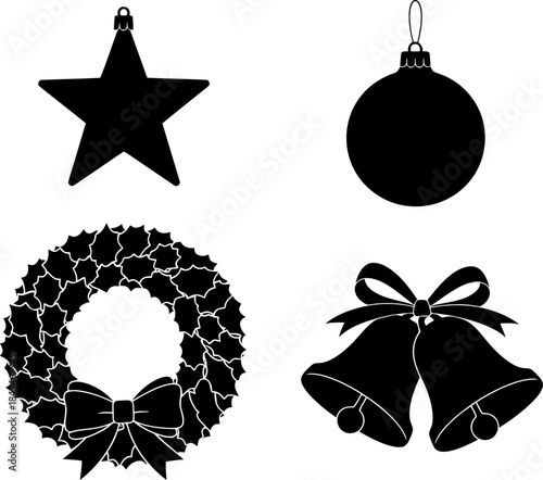 Collection of four black silhouette icons representing classic holiday decorations including a star ornament a round bauble a wreath and jingle bells