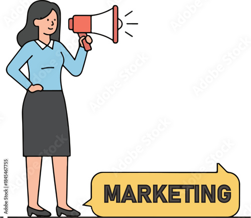 Business Woman Announcing Marketing Strategy with Megaphone and Speech Bubble Isolated on White Background for Promotion Concept