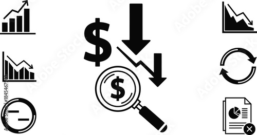 Financial analysis and economic trend icon set, dollar symbol with downward arrows, charts, graphs, and business report concept graphic