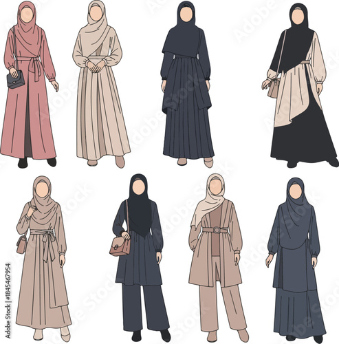 Eight Muslim Women Fashion Illustrations Modest Clothing Styles Hijab Outfits Abaya and Trousers Collection