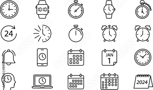 Time and date outline icons set including clocks, watches, calendar, alarm and schedule symbols, clean vector collection for productivity and interface design