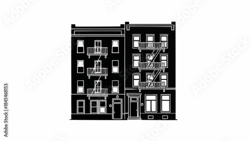 Two Black and White Apartment Buildings Side by Side.