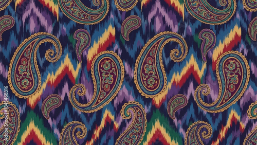 Intricate Paisley Pattern with Vibrant Ikat Background.