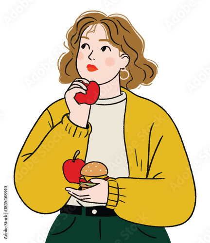 Woman choosing between healthy red apple and unhealthy hamburger snack decision concept illustration