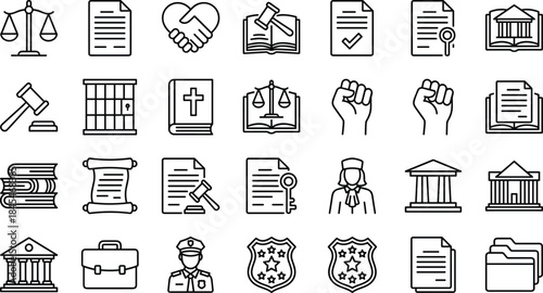 Law and justice outline icons set including court, judge, documents, scales and legal symbols, clean vector collection for legal and judiciary design