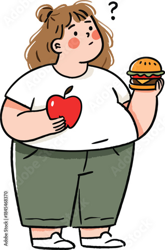Overweight woman confused choosing between healthy red apple and unhealthy fast food hamburger diet dilemma healthy eating concept