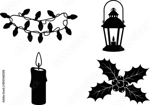 Set of four black silhouette icons representing holiday decorations including string lights a lantern a candle and holly berries for winter celebrations