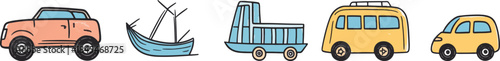 Cute hand drawn set of assorted vehicles including a pink pickup truck a small sailboat a blue floating vehicle like a gondola or simple boat a yellow retro bus