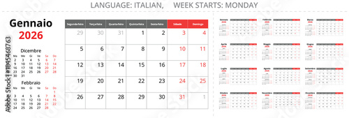 2026 year Italian planer calendar. Pages of 12 months. Vector illustration for Italy