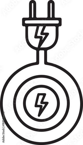 Minimalist Electric Plug with Wireless Charging Pad and Lightning Bolt Symbol – Black and White Line Icon