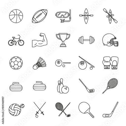 Collection of various sports equipment and accessories in black and white line art style