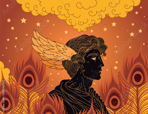 hypnos greek god of dreams surrounded by peacock feathers at night