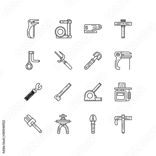 Set of various tools and equipment icons including wrench, pliers, hammer, and more