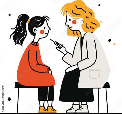 Child vaccination appointment with friendly doctor and syringe illustration for pediatric healthcare and immunization concepts