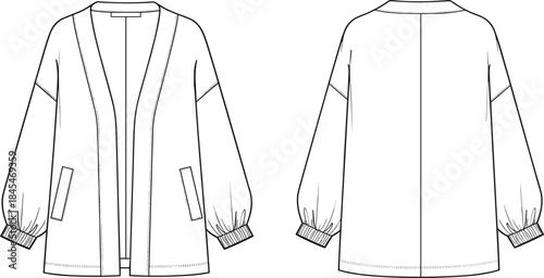 Oversized long-sleeve knit cardigan with bubble sleeves, front and back view vector technical drawing template for fashion design and apparel illustration.