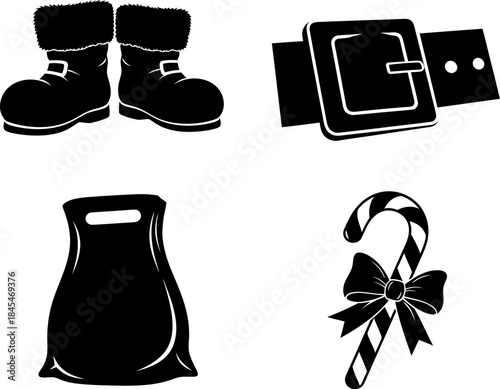Black silhouette icons representing essential elements of santa claus attire and holiday treats for christmas design projects