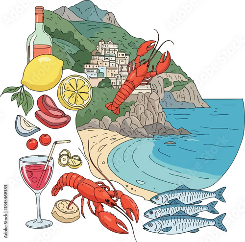 Italian Coastal Seafood Feast Illustration with Lobster Sardines Wine Lemon Drink and Cliffside Village Seaside Vacation Dining Concept Hand Drawn Style