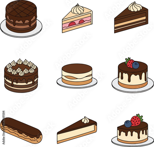 Assorted collection of delicious dessert icons chocolate cake slice tiramisu eclair cheesecake with fruit cartoon illustration set perfect for bakery menu