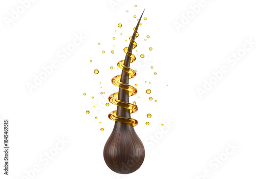A vibrant 3d illustration of a single hair strand with a golden nourishing essence for hair care