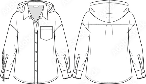 Oversized long-sleeve hooded button-down shirt technical fashion drawing, front and back view vector template for apparel design and illustration.