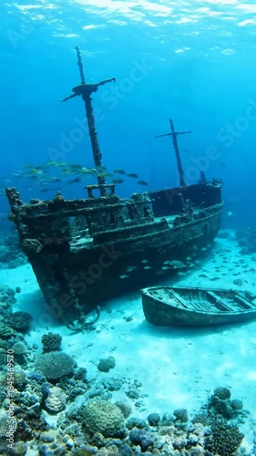 Sea Turtle Swimming Gracefully Near Shipwreck, Underwater Scenery
