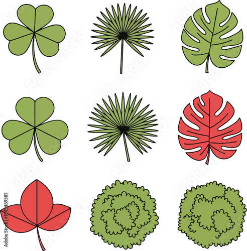 Set of stylized plant leaves icons including clover monstera palm and shrub illustration for nature garden botany design elements