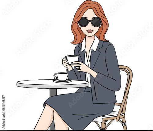 Businesswoman with red hair wearing sunglasses enjoying coffee break sitting outdoors on cafe chair illustration with white background